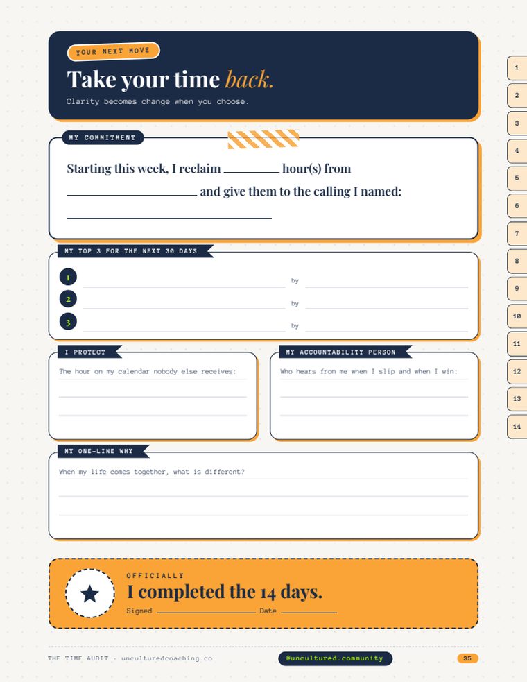 The commitment page: reclaim hours from your calendar and give them to what matters.